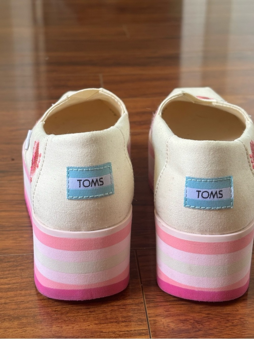 TOMS Cream Canvas Platform Slip-Ons with Pink Floral Embroidery - Picture 4 of 12
